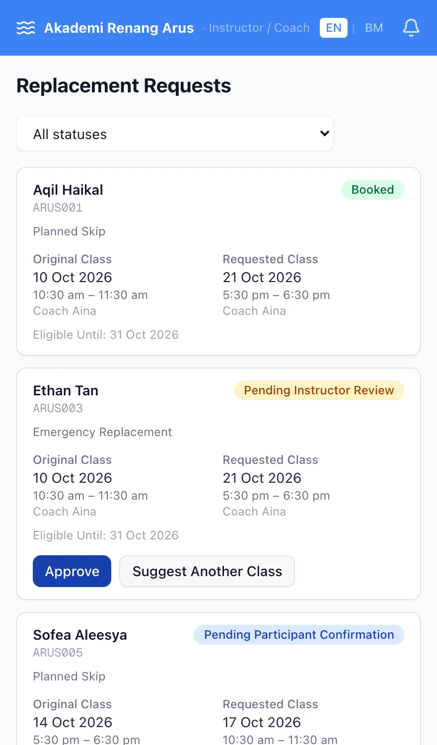 Skrin Permintaan Kelas Ganti jurulatih dengan permintaan yang menunggu semakan, kelas asal dan diminta, tarikh kelayakan serta butang Approve.