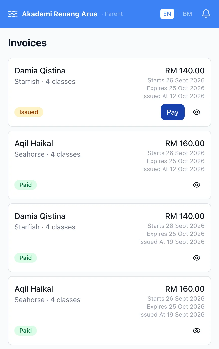 Skrin Invois ibu bapa dengan invois pembaharuan yang telah dibayar dan dikeluarkan, bersama pendaftaran yang menunjukkan 3 daripada 4 kelas.