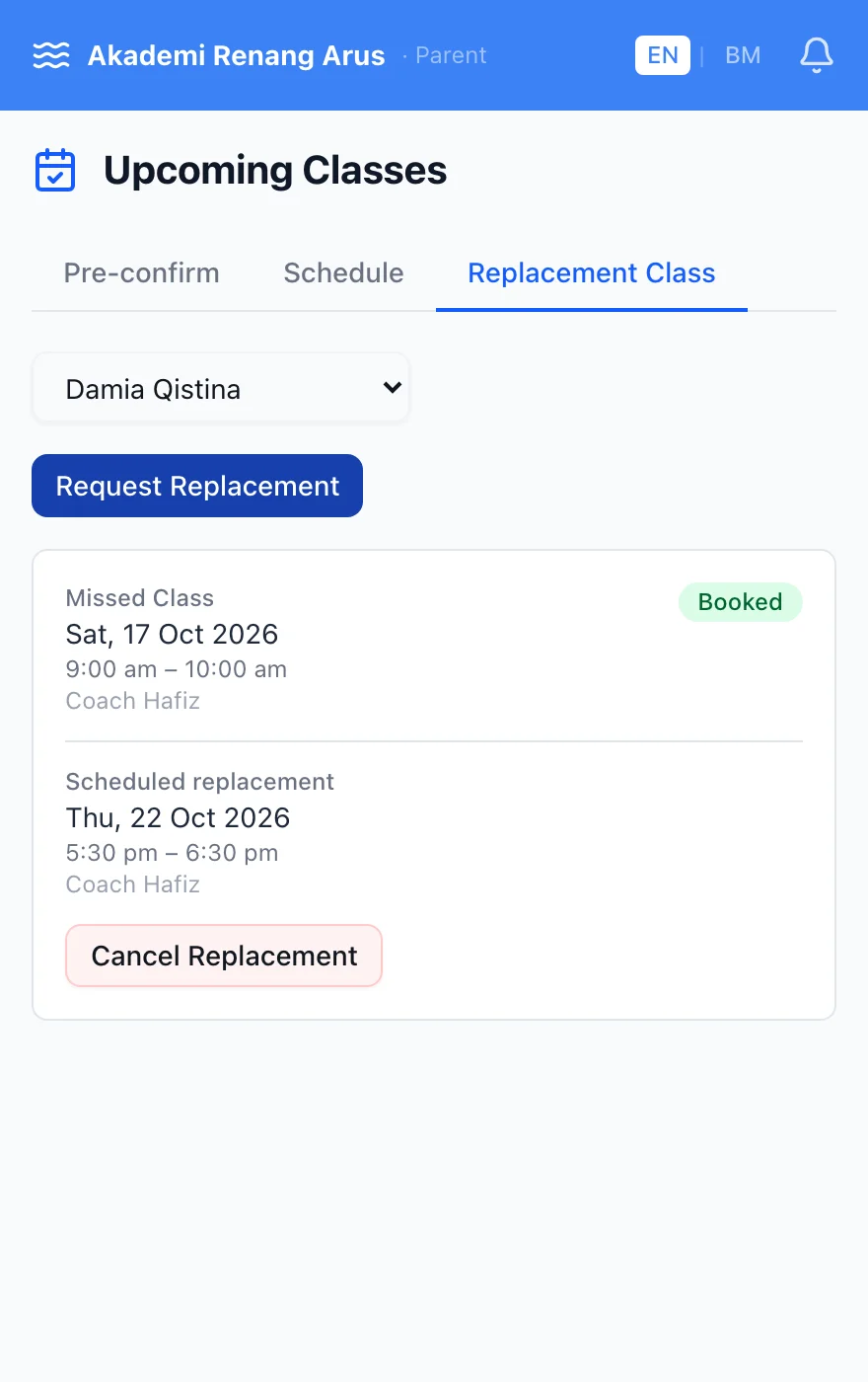 Skrin Kelas Ganti ibu bapa dalam Class Business OS: kelas Sabtu yang terlepas ditempah semula ke kelas Khamis dan ditanda Booked.