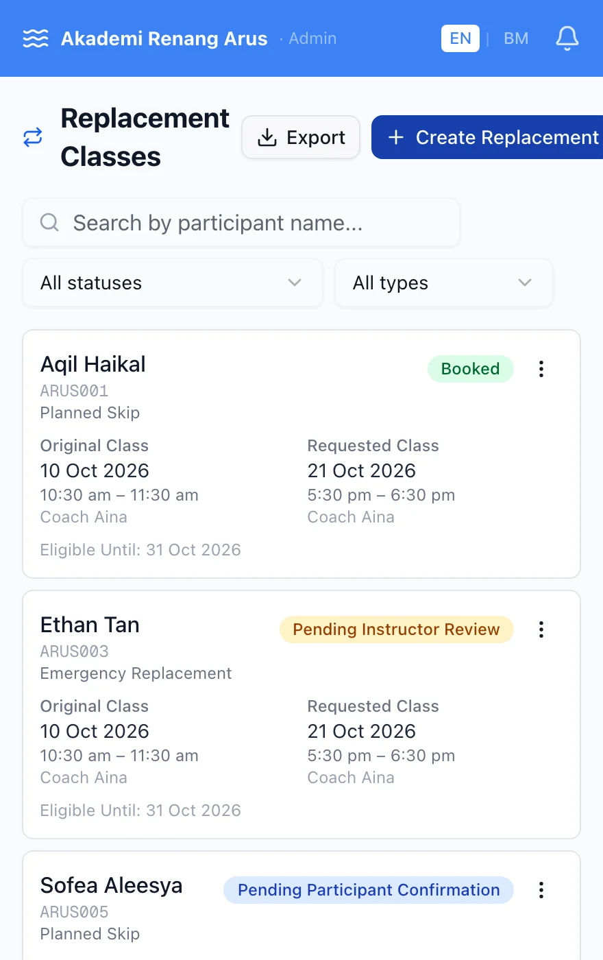 Skrin Kelas Ganti dalam Class Business OS yang menunjukkan kelas asal, kelas yang diminta, tarikh kelayakan dan status setiap permintaan.